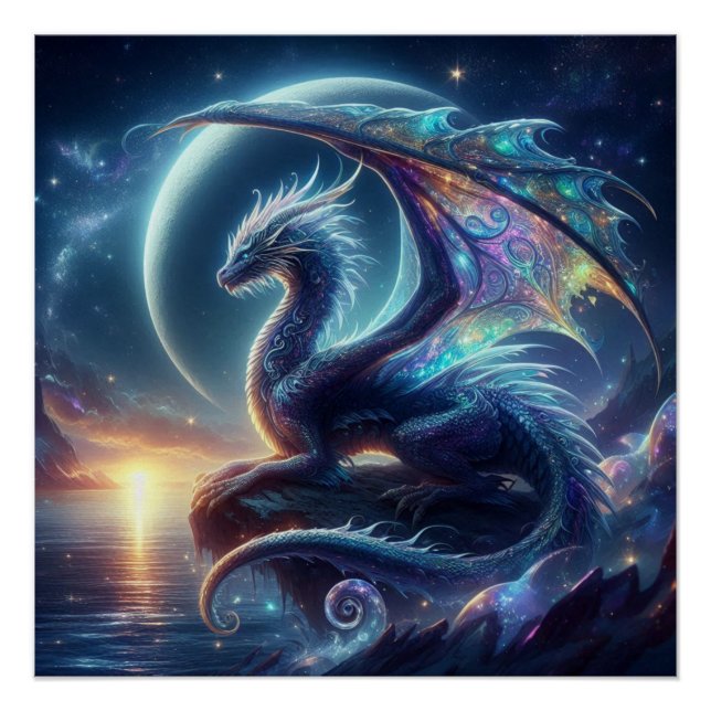 Mystical Moonlit Dragon By The Sea Poster (Front)