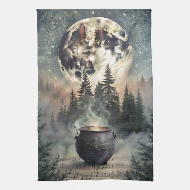 Mystical Moonlit Forest Cauldron -Witchy Magic Art Kitchen Towel (Vertical)