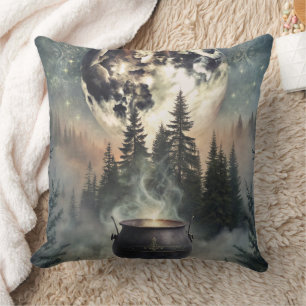 Mystical Moonlit Forest Cauldron -Witchy Magic Art Throw Pillow