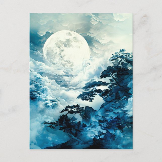 Mystical Moonlit Mountain Landscape Announcement Postcard (Front)
