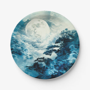 Mystical Moonlit Mountain Landscape Paper Plate