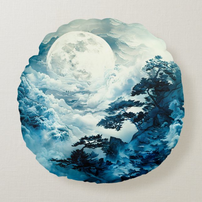 Mystical Moonlit Mountain Landscape Round Pillow (Front)