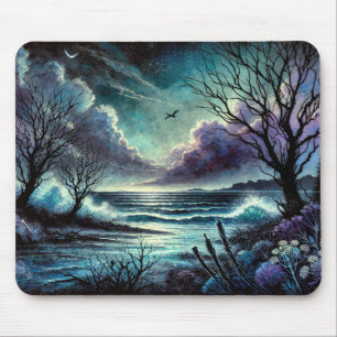 Mystical Moonlit Seascape with Waves and Trees Mouse Pad