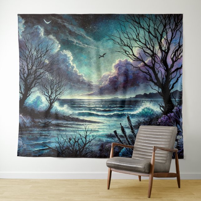 Mystical Moonlit Seascape with Waves and Trees Tapestry (In Situ (Horizontal))