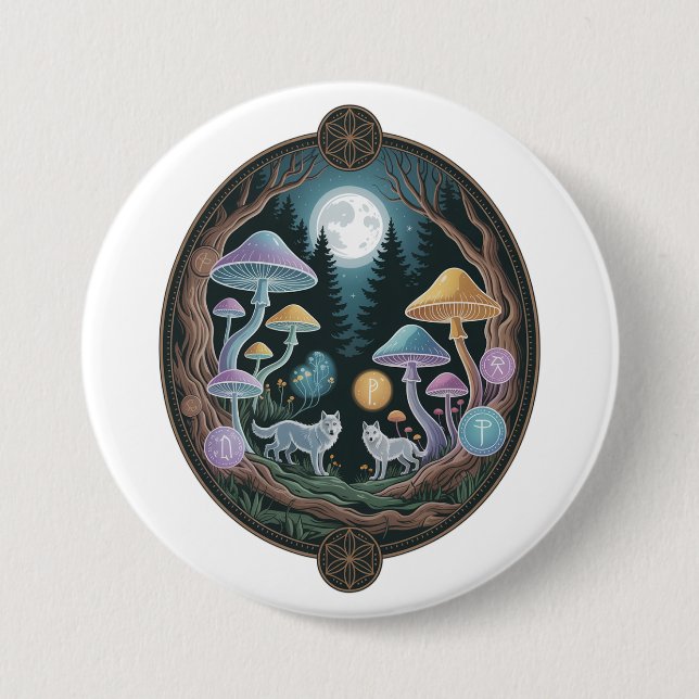 Mystical Moonlit Wolves in Enchanted Mushroom Fore 3 Inch Round Button (Front)