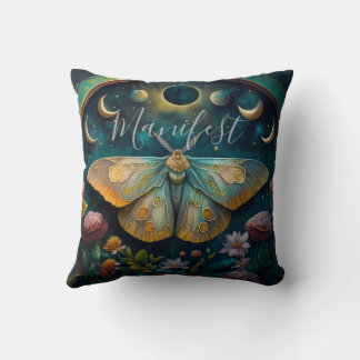 Mystical Moth & Moon Phases Manifest Art Throw Pillow