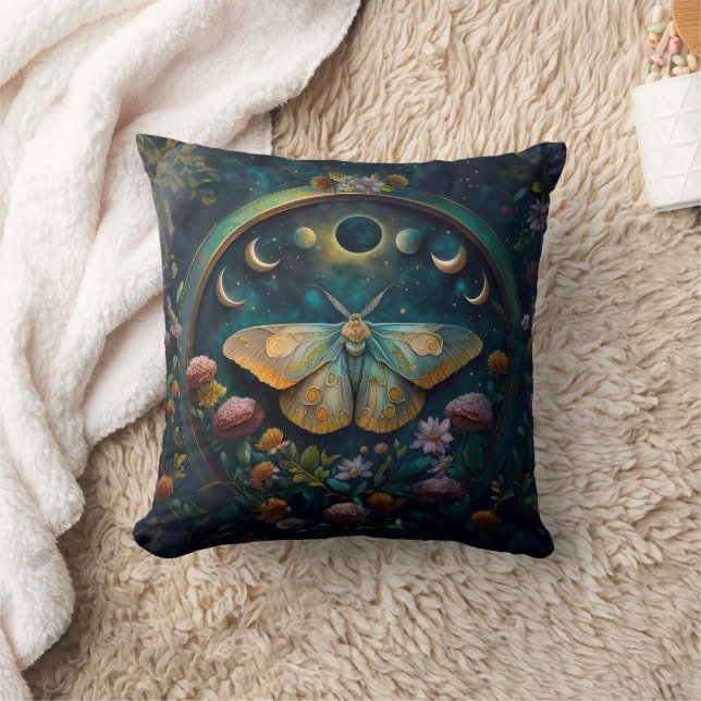 Mystical Moth & Moon Phases Portal Art Reversible Throw Pillow (Blanket)