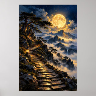 Mystical Mountain Stone Path Glowing Moon Lit Poster