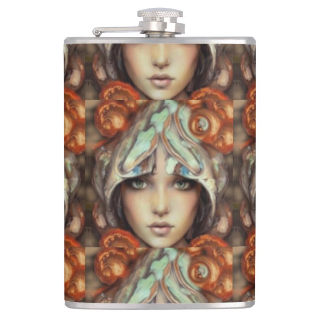 Mystical Mushroom Goddess Fantasy Art Hip Flask (Front)