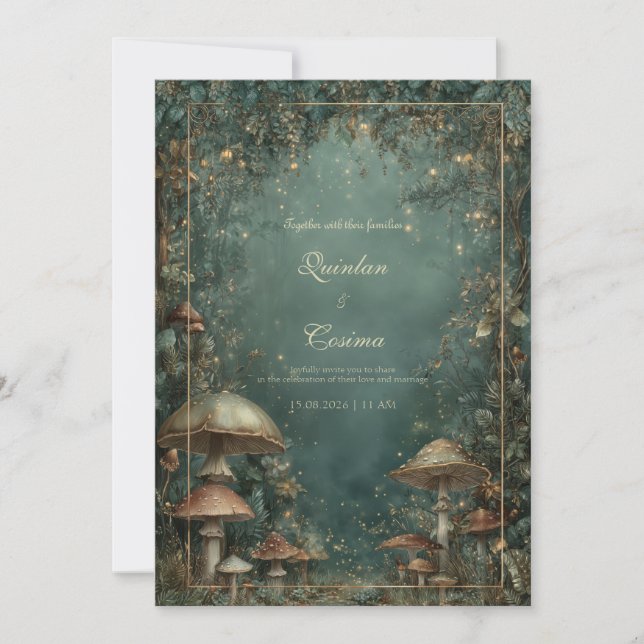 Mystical Mushrooms and Fairy Lights Wedding Invitation (Front)