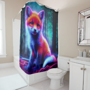 Mystical neon fox in glowing enchanted forest