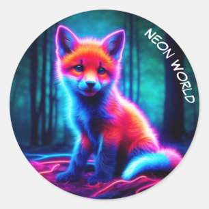 Mystical neon fox in glowing enchanted forest classic round sticker