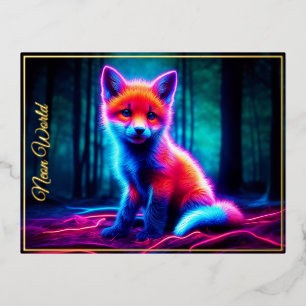 Mystical neon fox in glowing enchanted forest foil holiday postcard