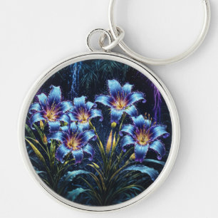 Mystical neon lilies botanical nature plants keychain