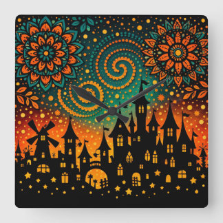 Mystical Night Castle Silhouette Square Wall Clock