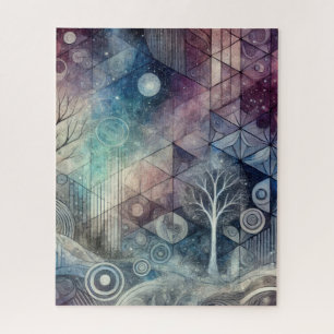 Mystical Night Sky Geometric Patterns & White Tree Jigsaw Puzzle