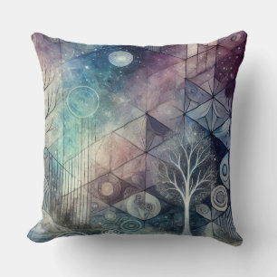 Mystical Night Sky Geometric Patterns & White Tree Throw Pillow