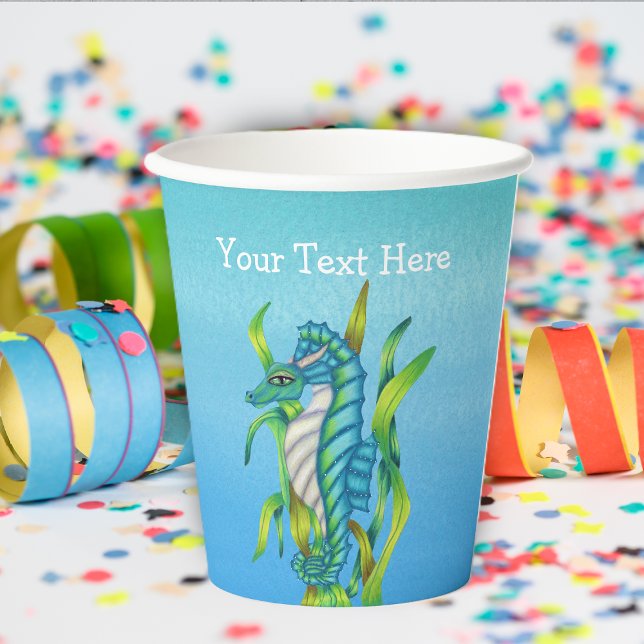 Mystical Ocean Creature Seahorse Seaweed Blues Paper Cups (Fantasy sea dragon creature aqua blue in seaweed on shades of blue paper party drinking cups.)