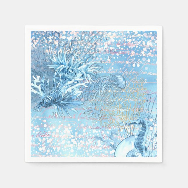 Mystical ocean dreams seahorse jellyfish teal blue napkin (Front)