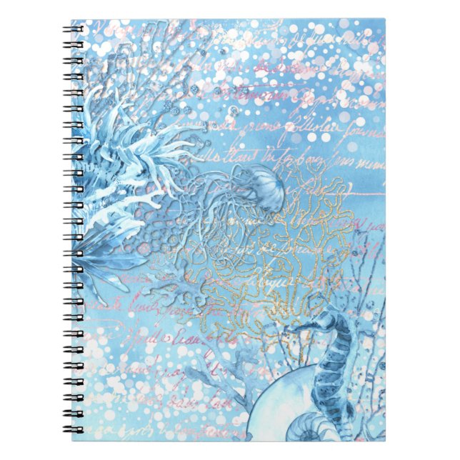 Mystical ocean dreams seahorse jellyfish teal blue notebook (Front)