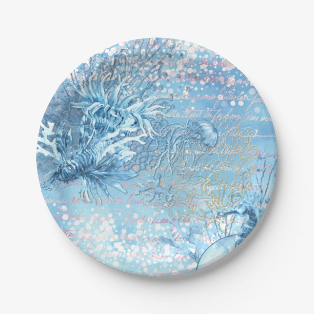 Mystical ocean dreams seahorse jellyfish teal blue paper plate (Front)