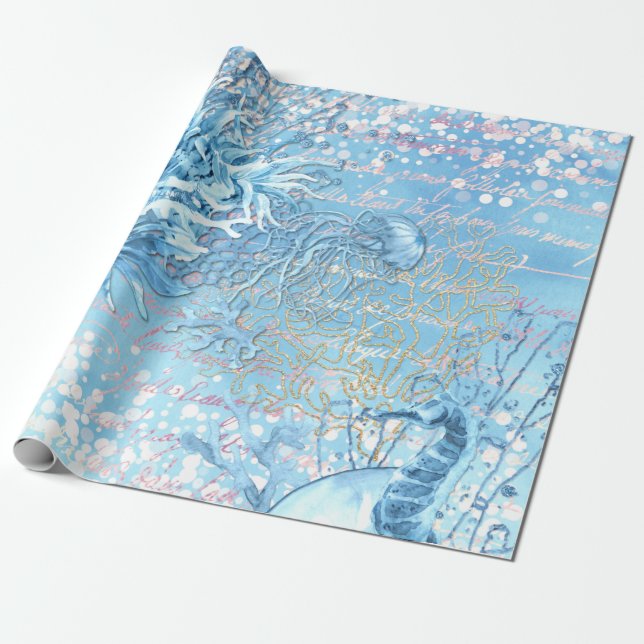 Mystical ocean dreams seahorse jellyfish teal blue wrapping paper (Unrolled)