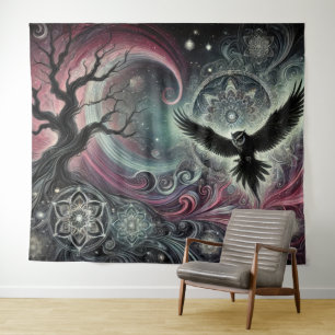 Mystical Owl Cosmic Night Mandalas Swirling Sky Tapestry