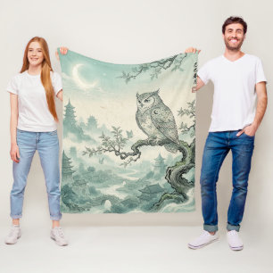 Mystical Owl Moon Landscape Art Fleece Blanket