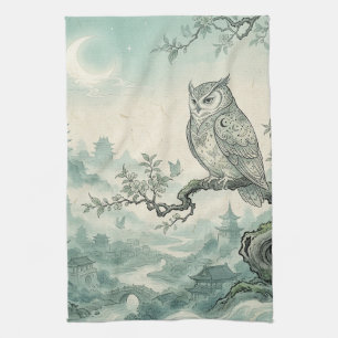 Mystical Owl Moon Landscape Art Kitchen Towel