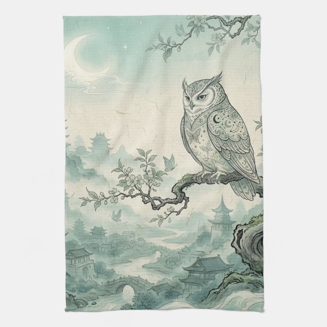 Mystical Owl Moon Landscape Art Kitchen Towel (Vertical)