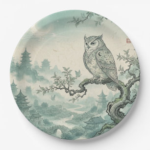 Mystical Owl Moon Landscape Art Paper Plate