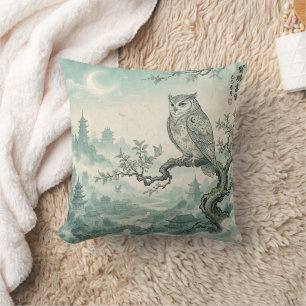 Mystical Owl Moon Landscape Art Throw Pillow