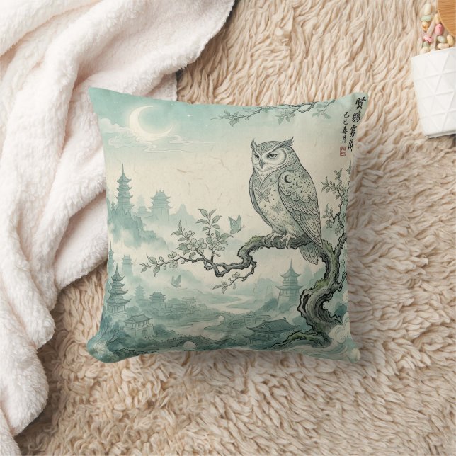 Mystical Owl Moon Landscape Art Throw Pillow (Blanket)
