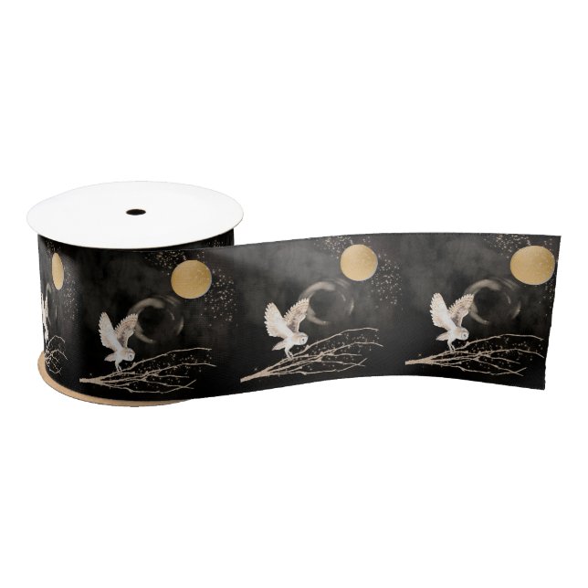 Mystical Owl Silver and Gold Sparkle Moon Satin Ribbon (Spool)