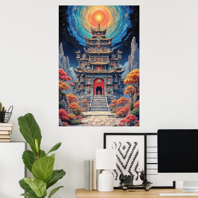 Mystical Pagoda Temple Under Celestial Sky Poster (Home Office)