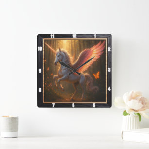 Mystical Pegasus Woodland Fantasy Square Wall Clock