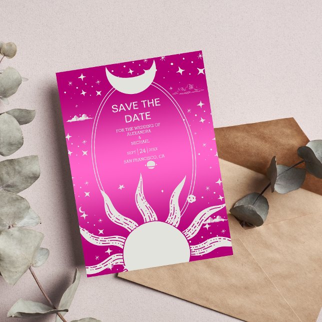  Mystical Pink and Silver Sun Moon Wedding Save The Date (Creator Uploaded)