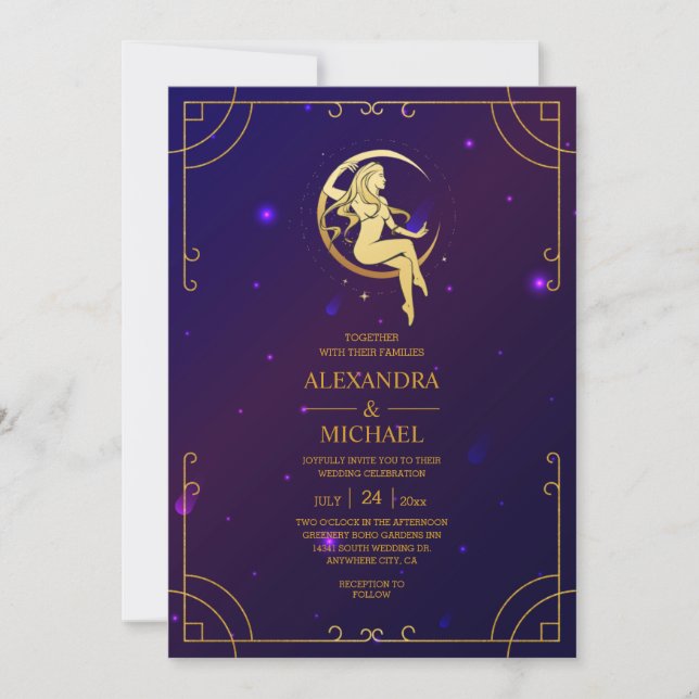 Mystical Pink Blue Celestial Stars Wedding    Invitation (Front)