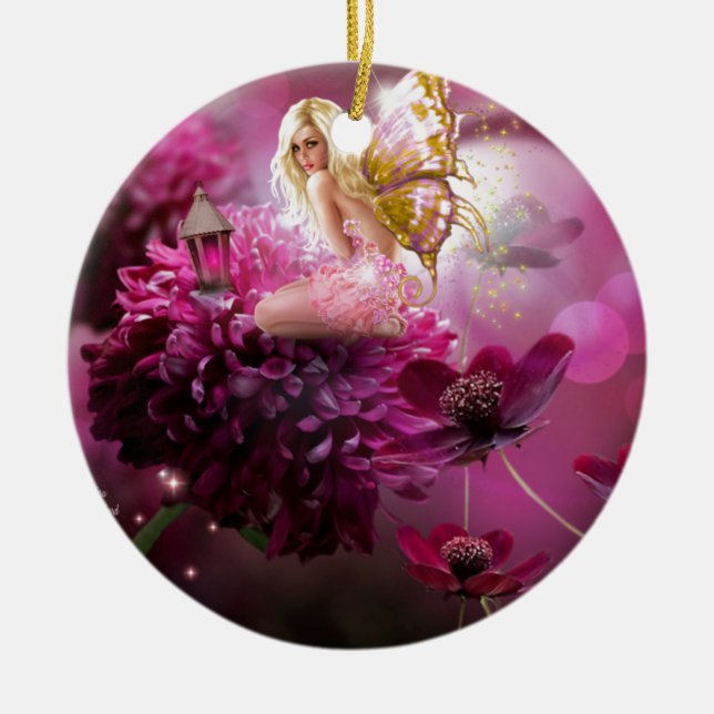 Mystical Pink Fantasy Fairy Flower Garden Art Ceramic Ornament (Front)