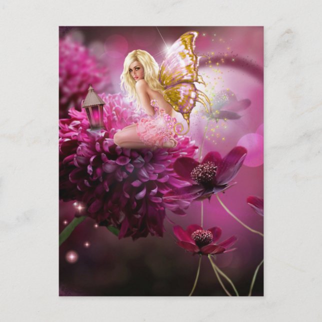 Mystical Pink Fantasy Fairy Flower Garden Art Postcard (Front)