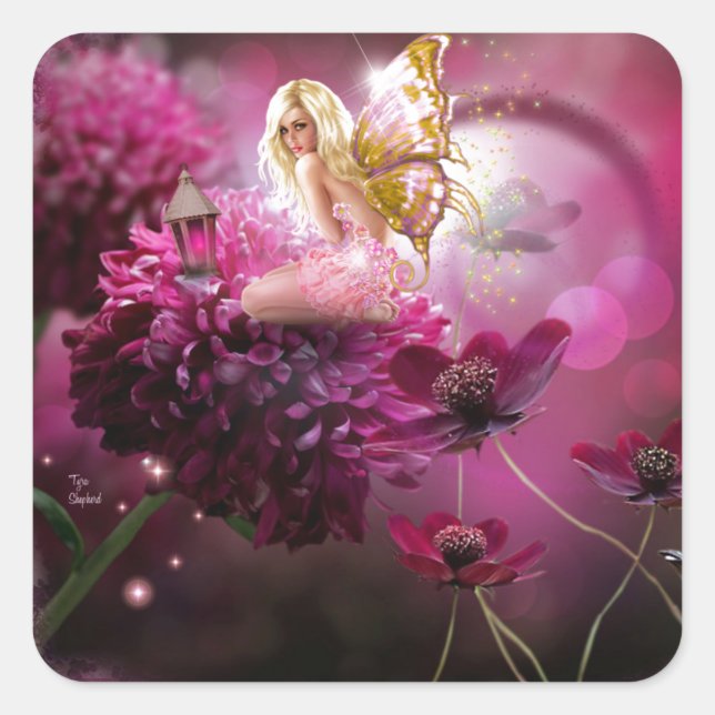 Mystical Pink Fantasy Fairy Flower Garden Art Square Sticker (Front)