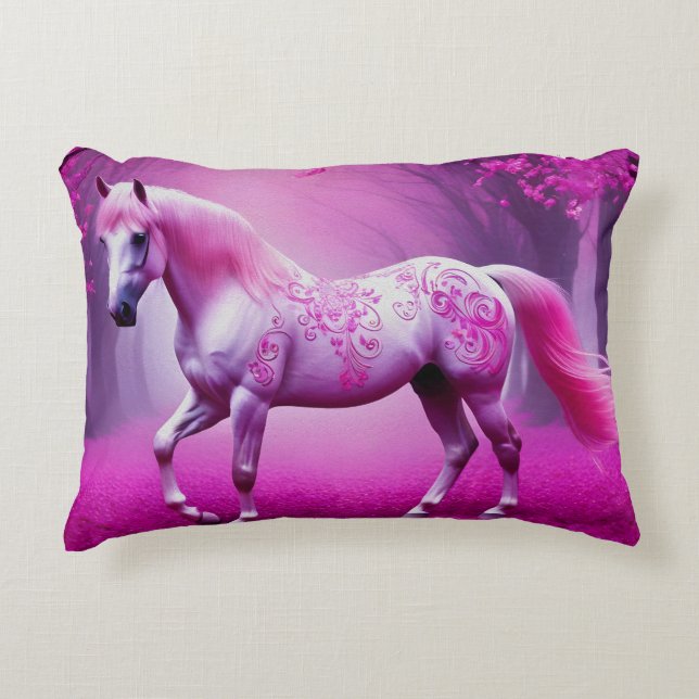 Mystical pink horse in a fantasy forest accent pillow (Front)