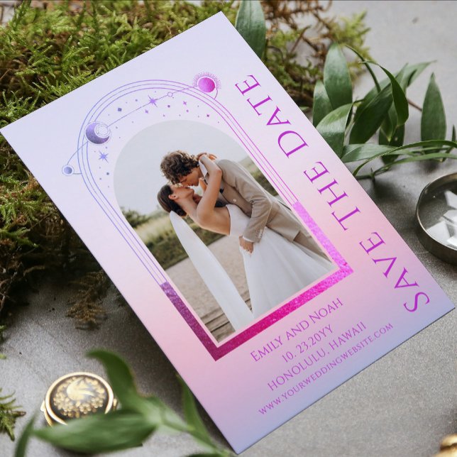Mystical Pink Purple Celestial Two Photo Wedding Save The Date (Creator Uploaded)