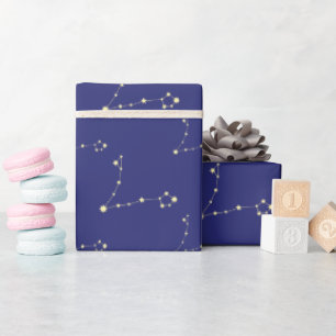Mystical Pisces Constellation Dark Blue Birthday Wrapping Paper