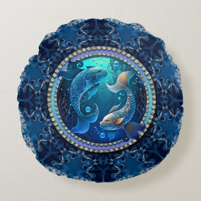 Mystical Pisces Dreams Fractal Lace New Moon Round Pillow (Front)