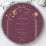 Mystical Plum Gold Sun Moon Stars Space Wedding Menu<br><div class="desc">Mystical Plum Gold Sun Moon Stars Space Wedding Menu Cards features a gold sun,  moon and stars frame on a plum background with your menu details in the centre in modern gold calligraphy script. Personalize by editing the text in the text boxes provided. Designed by Evco Studio www.zazzle.com/store/evcostudio</div>