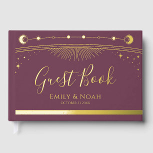 Mystical Plum Gold Sun Moon Stars Wedding Guest Book