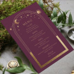Mystical Plum Gold Sun Moon Stars Wedding Menu<br><div class="desc">Mystical Plum Gold Sun Moon Stars Astronomy Galaxy Celestial Cosmic Space Wedding Menu Cards features a gold sun, moon and stars frame on a plum background with your menu details in the centre in modern gold calligraphy script. Personalize by editing the text in the text boxes provided. Designed for you...</div>