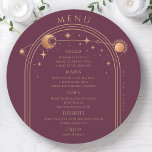 Mystical Plum Gold Sun Moon Stars Wedding Menu<br><div class="desc">Mystical Plum Gold Sun Moon Stars Space Wedding Menu Cards features a gold sun,  moon and stars frame on a plum background with your menu details in the centre in modern gold calligraphy script. Personalize by editing the text in the text boxes provided. Designed by Evco Studio www.zazzle.com/store/evcostudio</div>