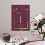Mystical PlumGold Sun Moon Astronomy Wedding Table Number<br><div class="desc">Mystical Plum Gold Sun Moon Astronomy Wedding Table Numbers features gold sun, moon and stars with a golden frame on a plum background. Inside is your custom wedding invitation information. Personalize by editing the text in the text boxes. NOTE: Please customize with table numbers one by one and add to...</div>